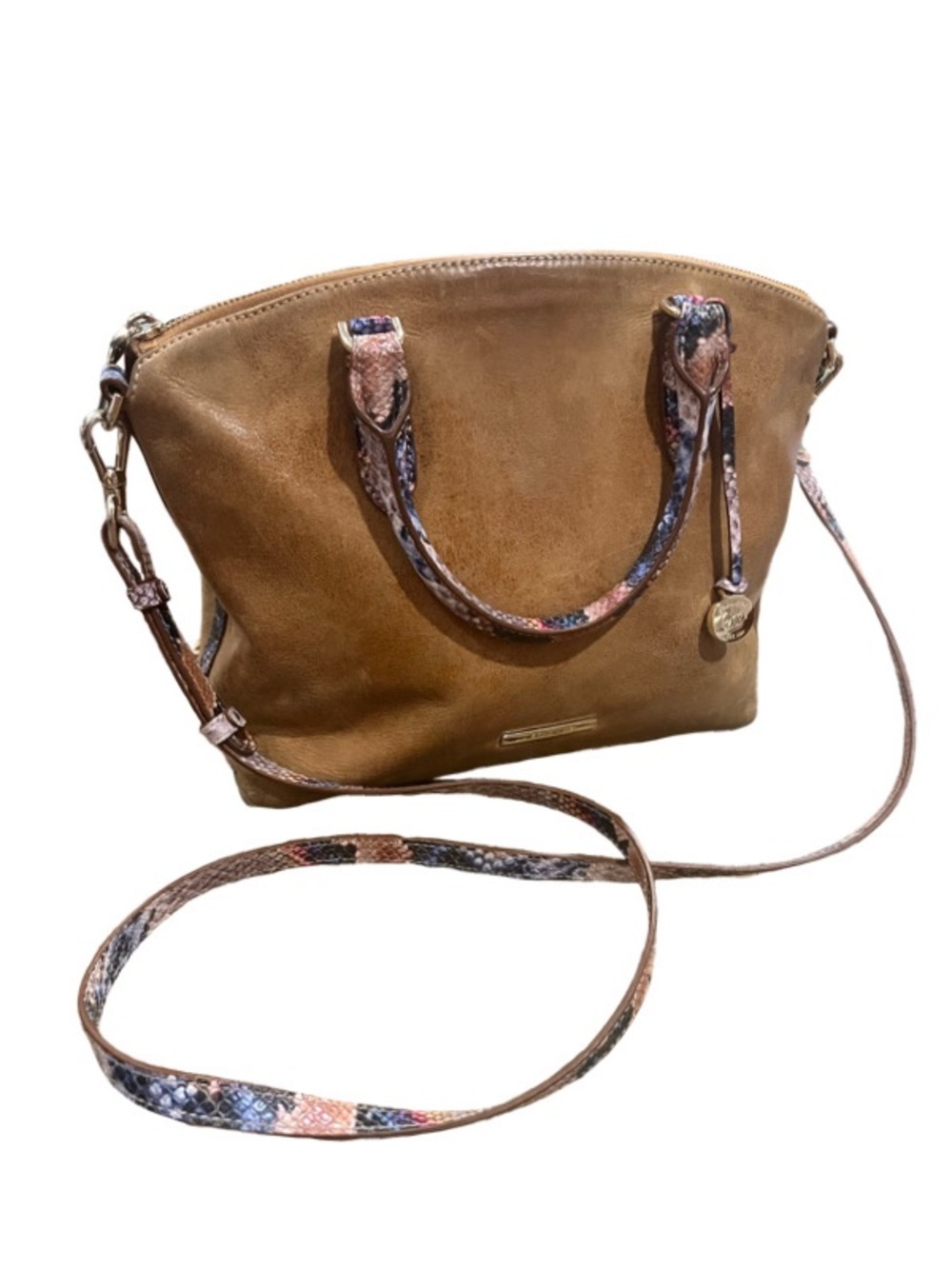 Brahmin Brown Leather Satchel with Multi-Color Snake-Print Trim